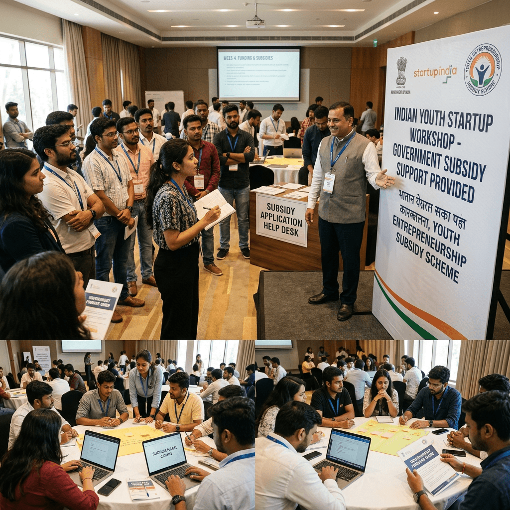 Group of young adults attending Indian Youth Startup Workshop with government subsidy support information