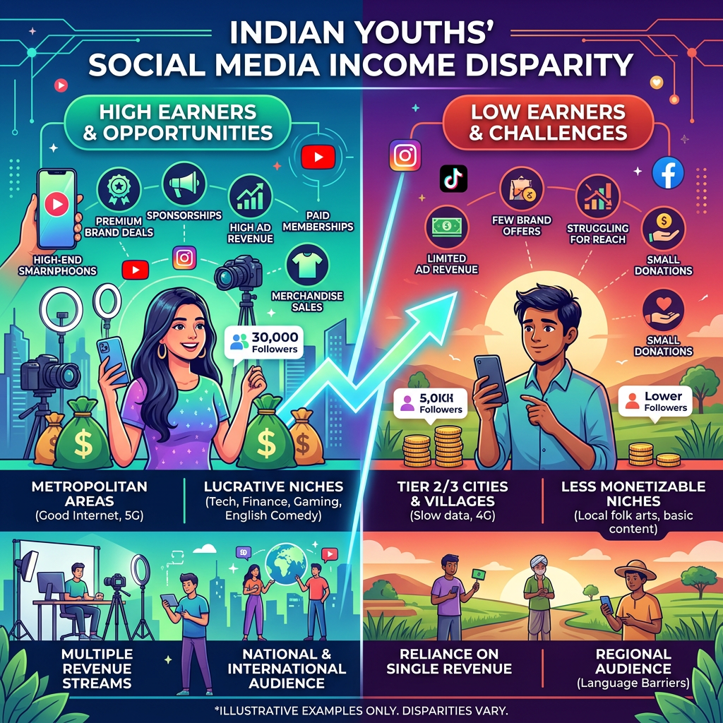 Infographic showing income disparity between Indian youth social media creators with high earners having 30,000 followers, premium deals, and metropolitan advantages, and low earners with 5,000 followers, limited ads, and regional barriers.