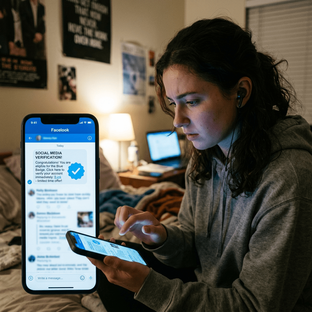 Young woman looking concerned while viewing a social media verification scam message on her smartphone
