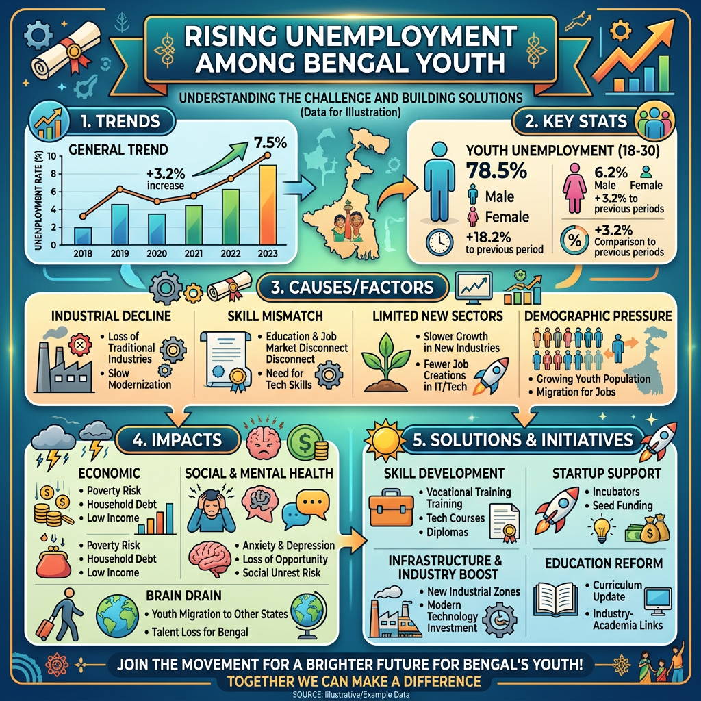 Infographic showing rising unemployment trends among Bengal youth with causes, impacts, and solutions