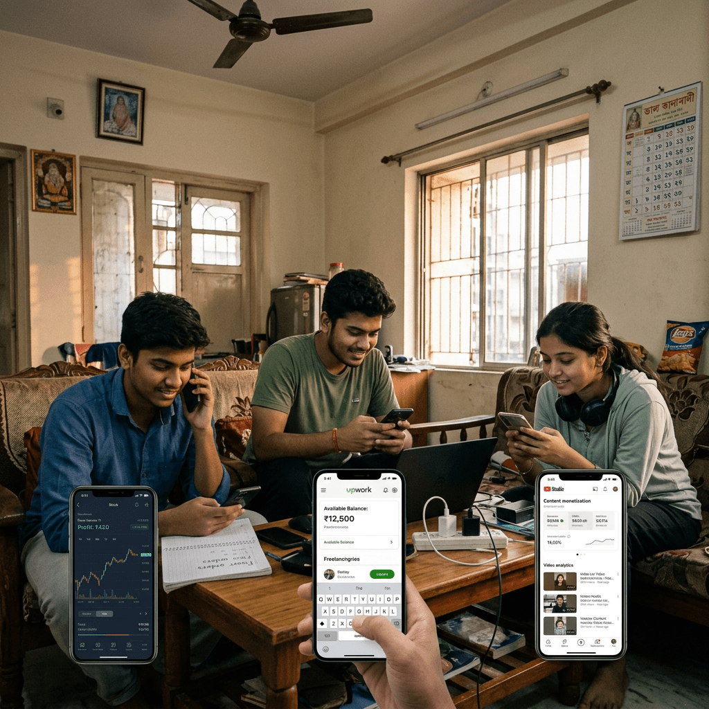 Three young adults sitting in a living room using smartphones and a laptop for financial and freelance work apps