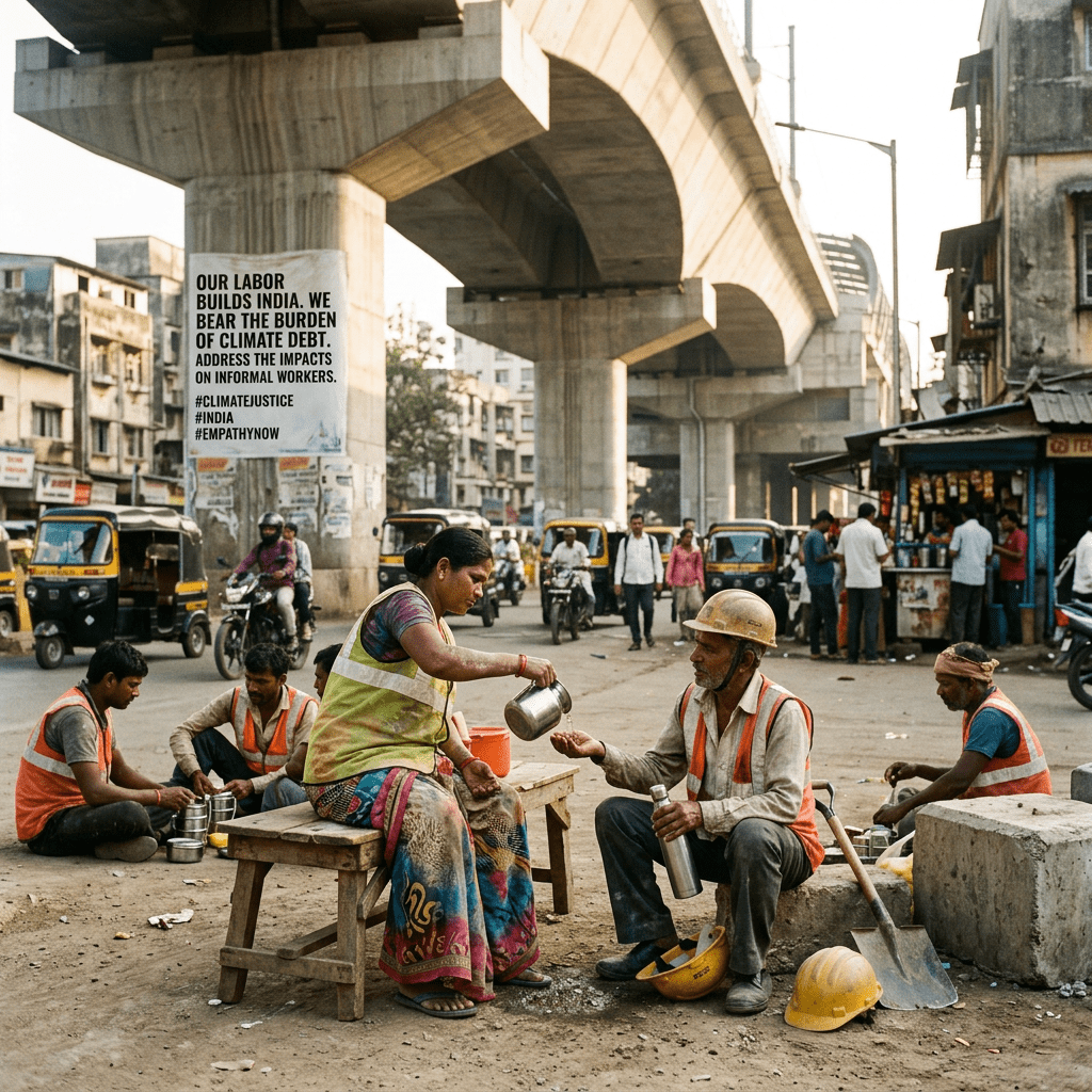 Construction workers taking a break and sharing water under an overpass with a climate justice message
