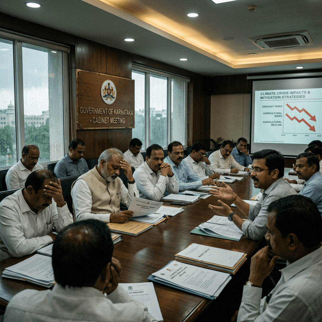 Government of Karnataka officials seated around a conference table discussing climate crisis impacts and mitigation strategies