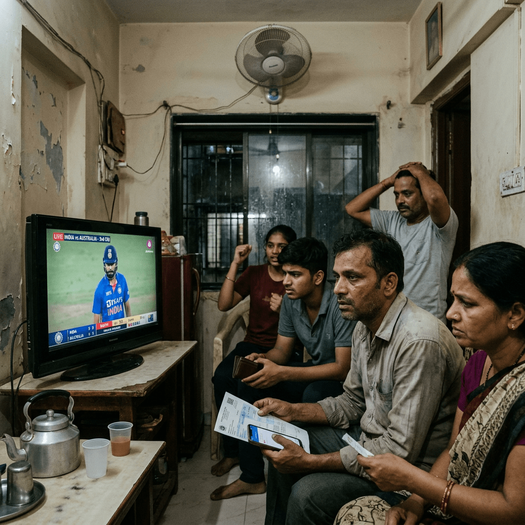 Family watching live India vs Australia cricket match on television