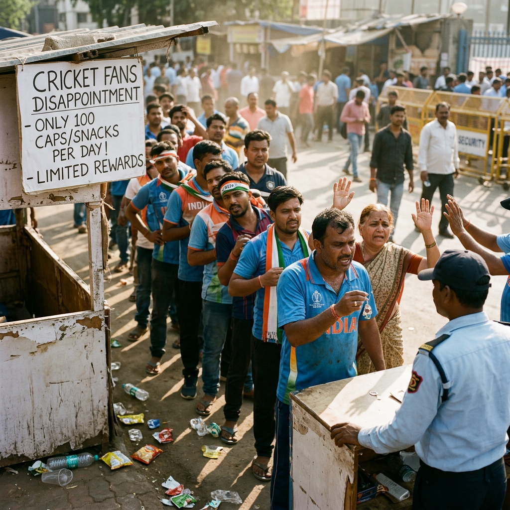 Line of cricket fans waiting for limited snacks with sign about daily caps