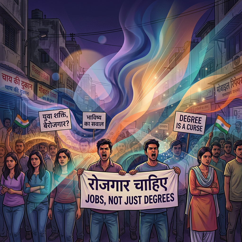 Group of young protesters holding signs addressing unemployment and education issues in India
