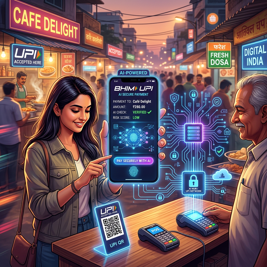 Woman making AI-verified UPI payment at street food cafe