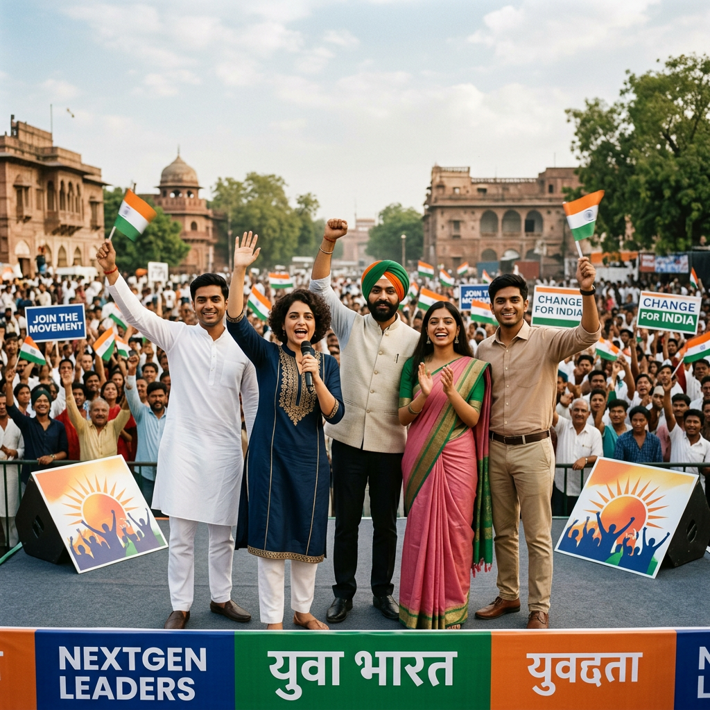 Group of young Indian leaders and supporters at a political rally with national flags and campaign signs