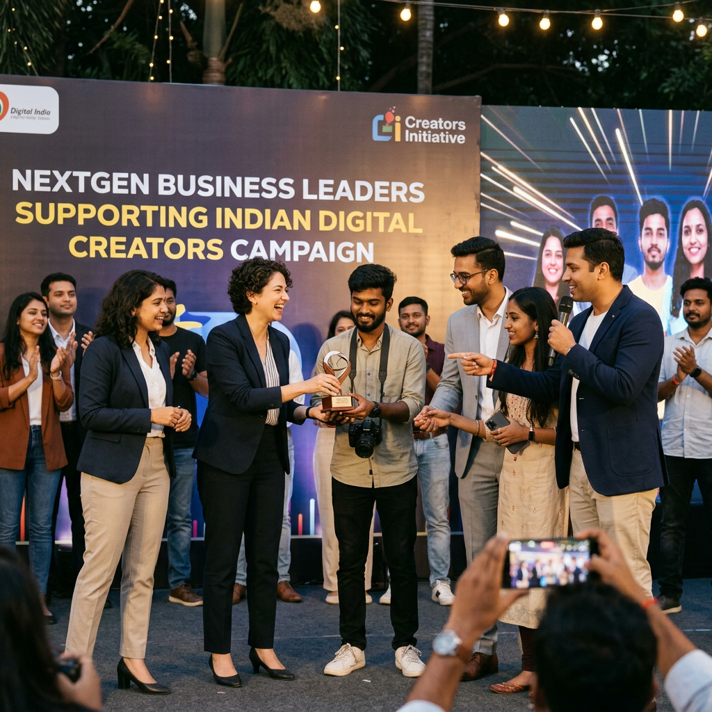 Group of business leaders awarding a trophy to a digital content creator on stage