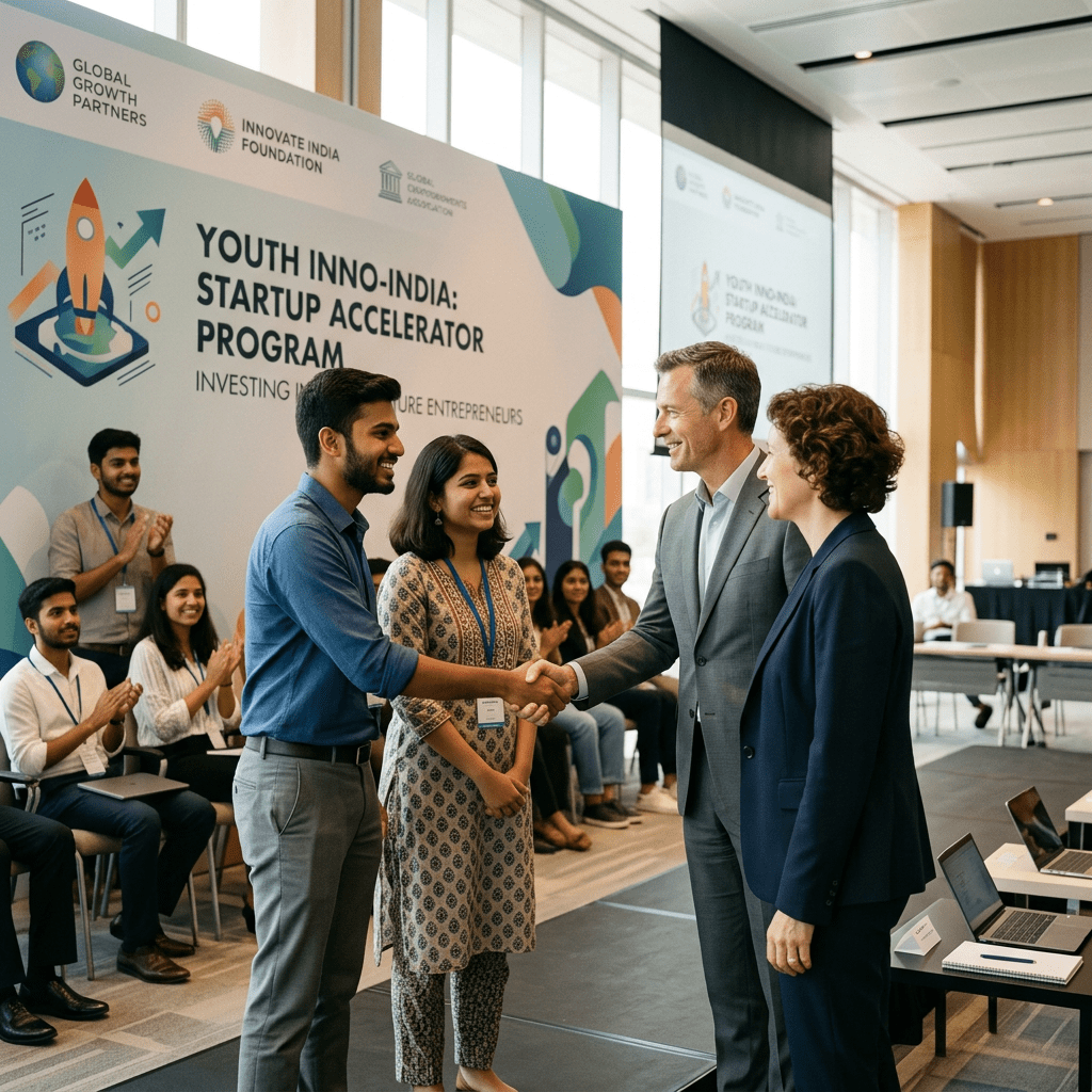 Two young entrepreneurs shaking hands with two business professionals at a startup accelerator program event
