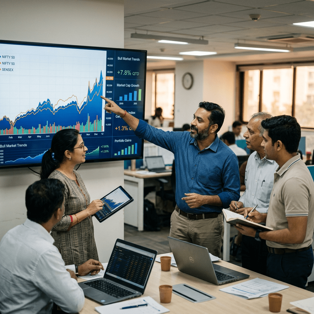Group of professionals analyzing stock market charts on screen and tablet during a meeting