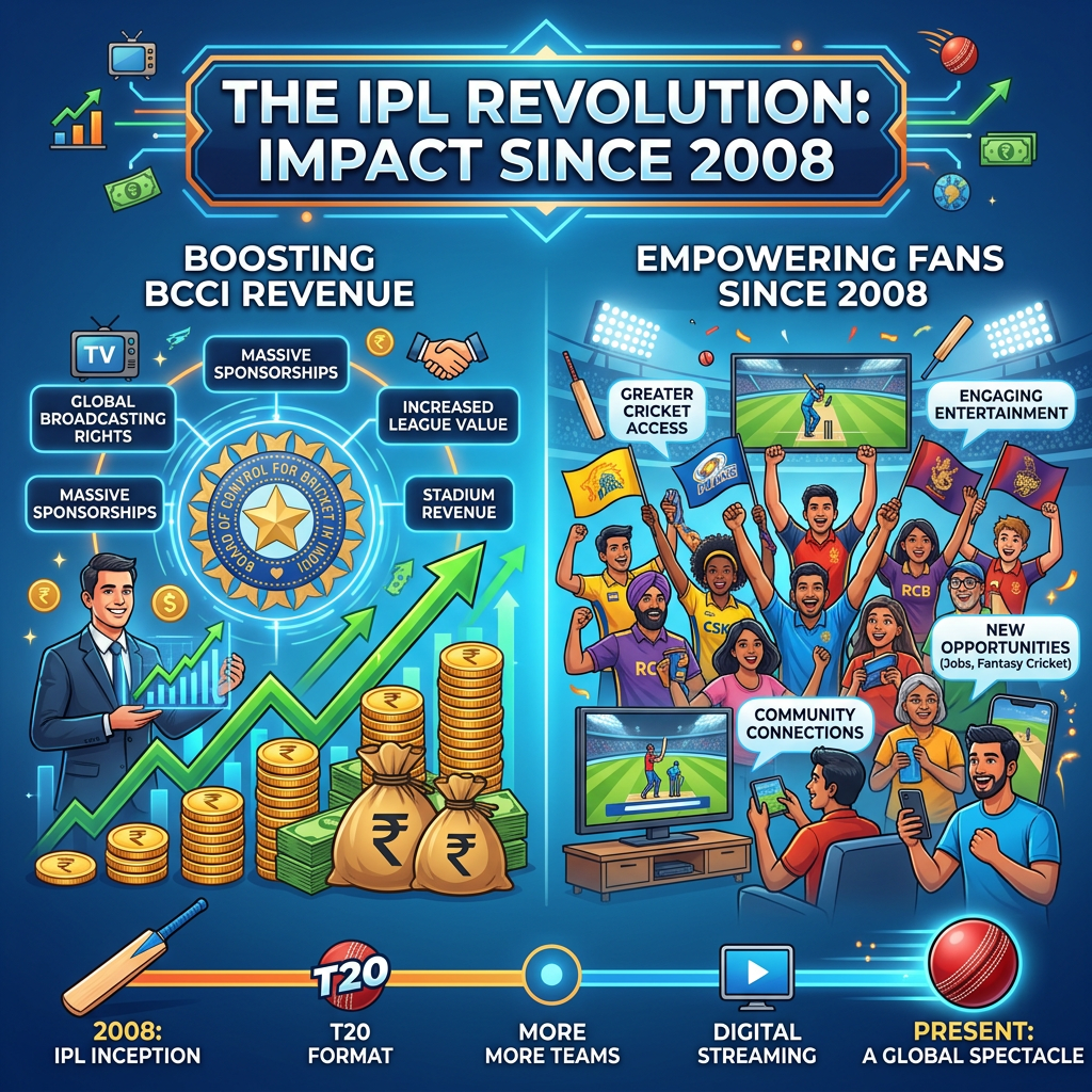 Infographic showing IPL's impact on boosting BCCI revenue and empowering fans since 2008
