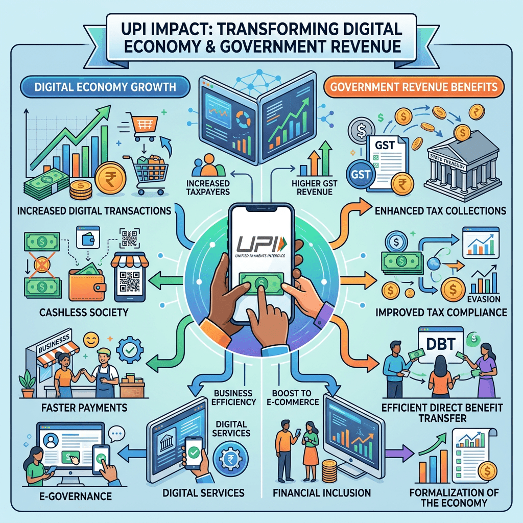 Infographic illustrating UPI's positive effects on digital transactions, tax collections, and economic formalization