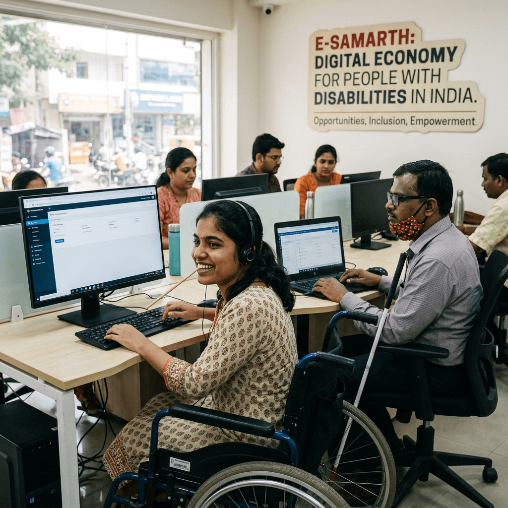 Group of people, including individuals with disabilities, working on computers in an office promoting digital economy for disability inclusion
