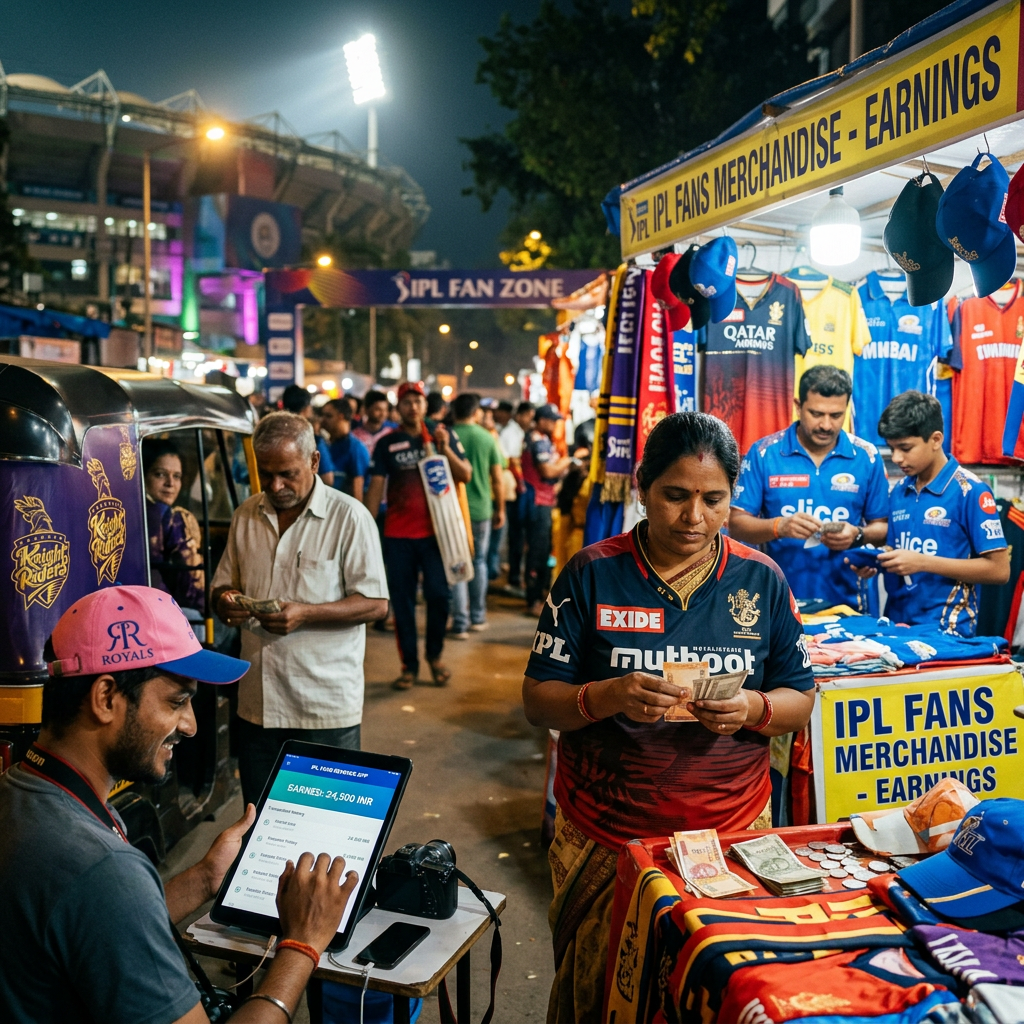 IPL fans buying and selling merchandise with cash and digital payment devices