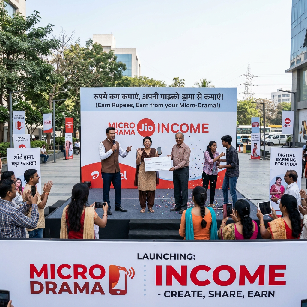 Group celebrating on stage at Jio Micro-Drama Income launch event with banners promoting digital earning
