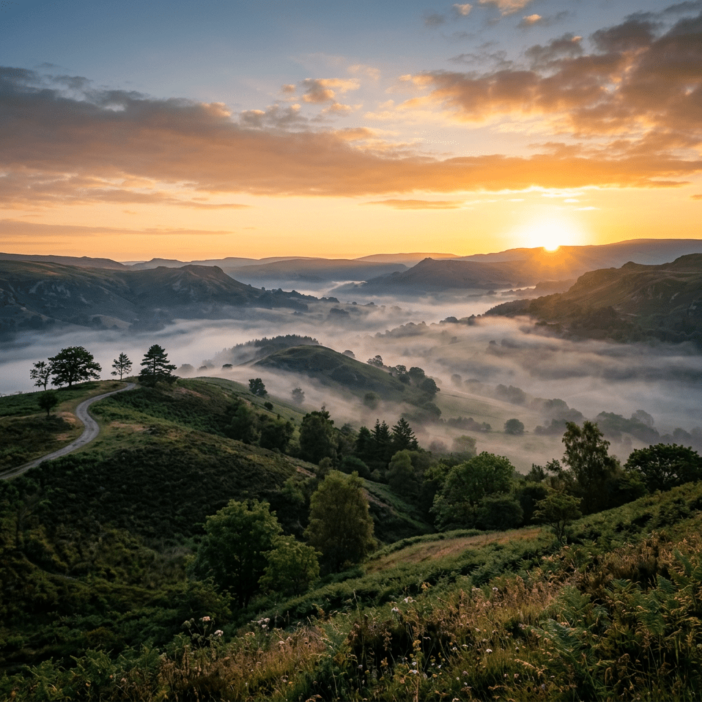 Sunrise over green rolling hills and a foggy valley with scattered trees