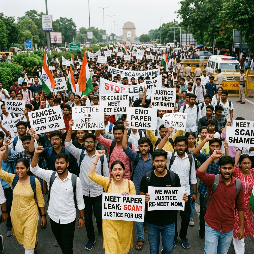 Large group of students protesting with signs against NEET 2024 exam paper leak and injustice