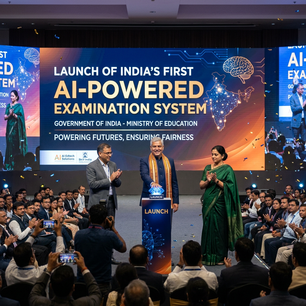 Launch event of India's first AI-powered examination system with officials and audience