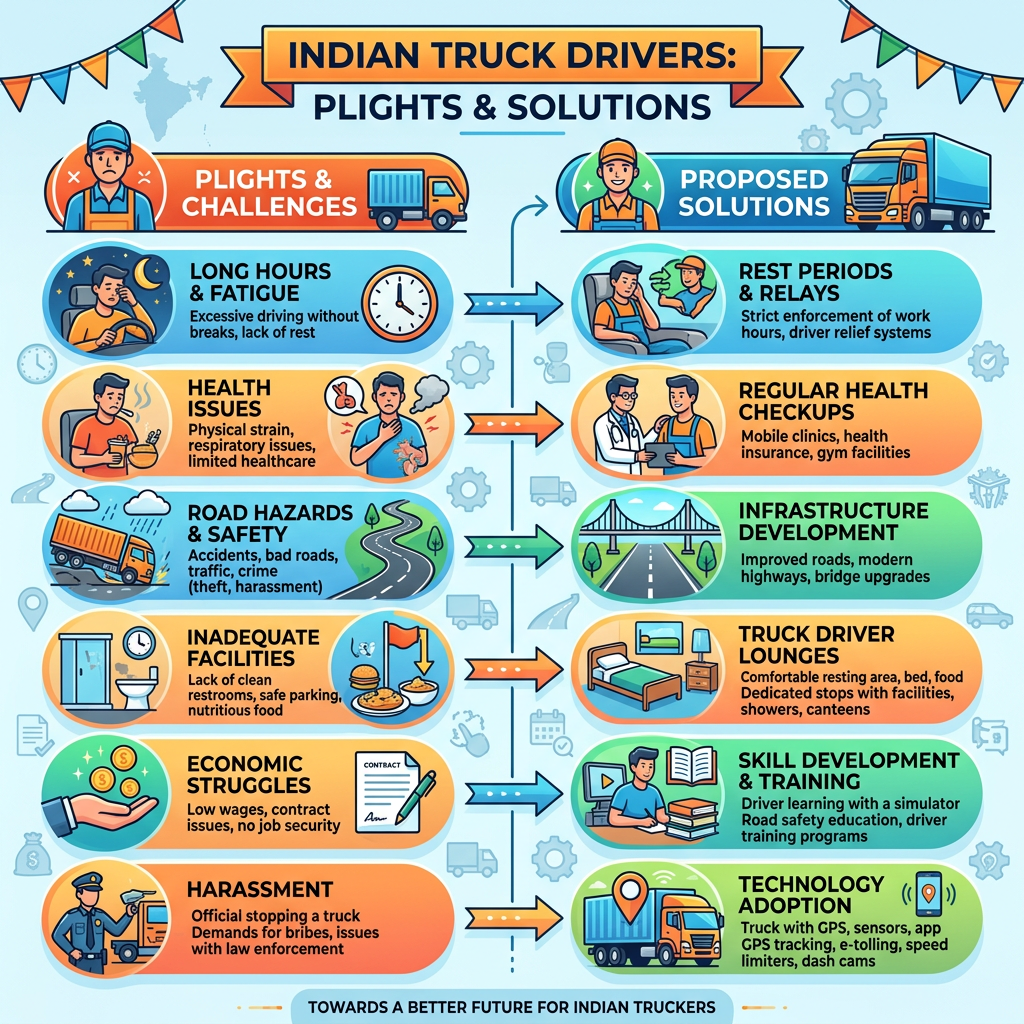 Infographic listing plights of Indian truck drivers and corresponding proposed solutions