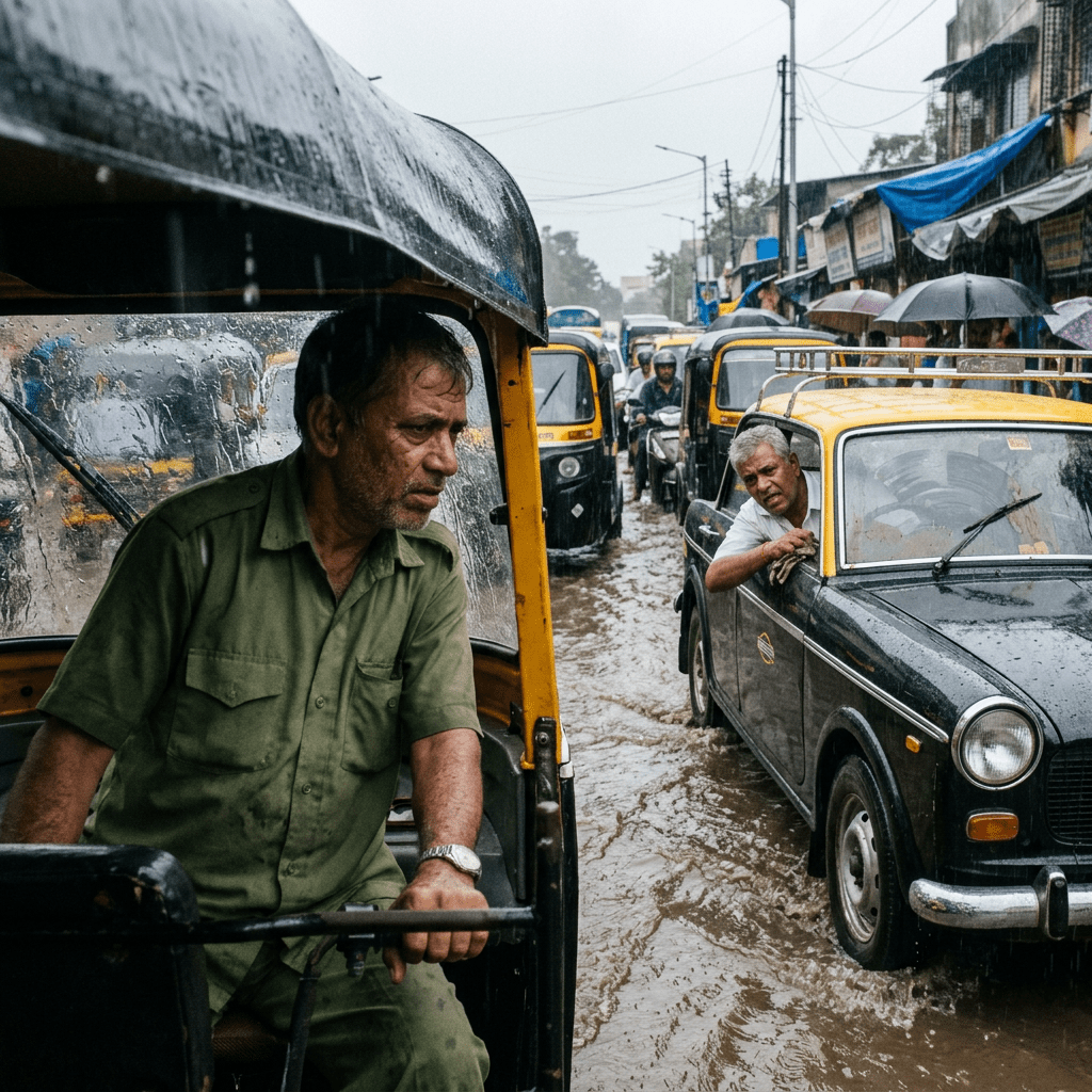 Traffic congestion with auto rickshaws and cars in a flooded street during heavy rain