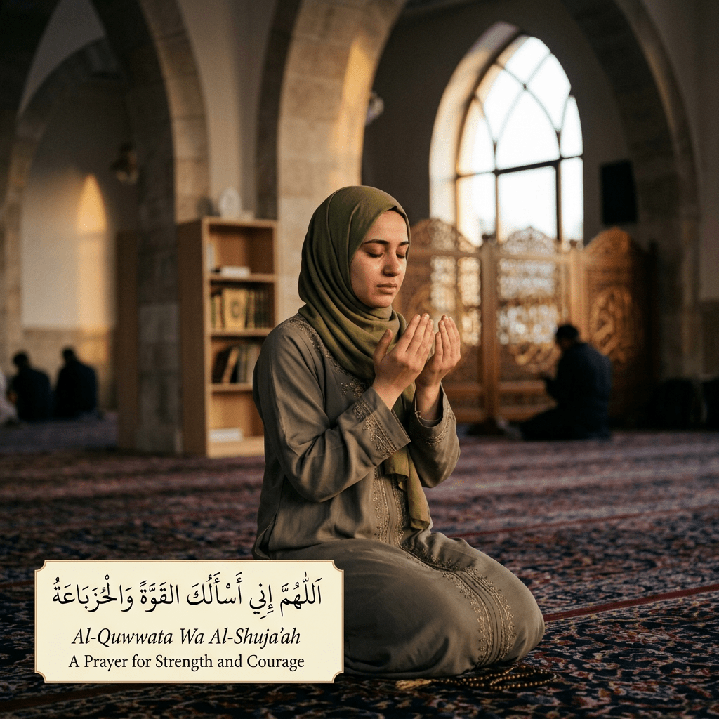 Woman in hijab praying inside a mosque with raised hands