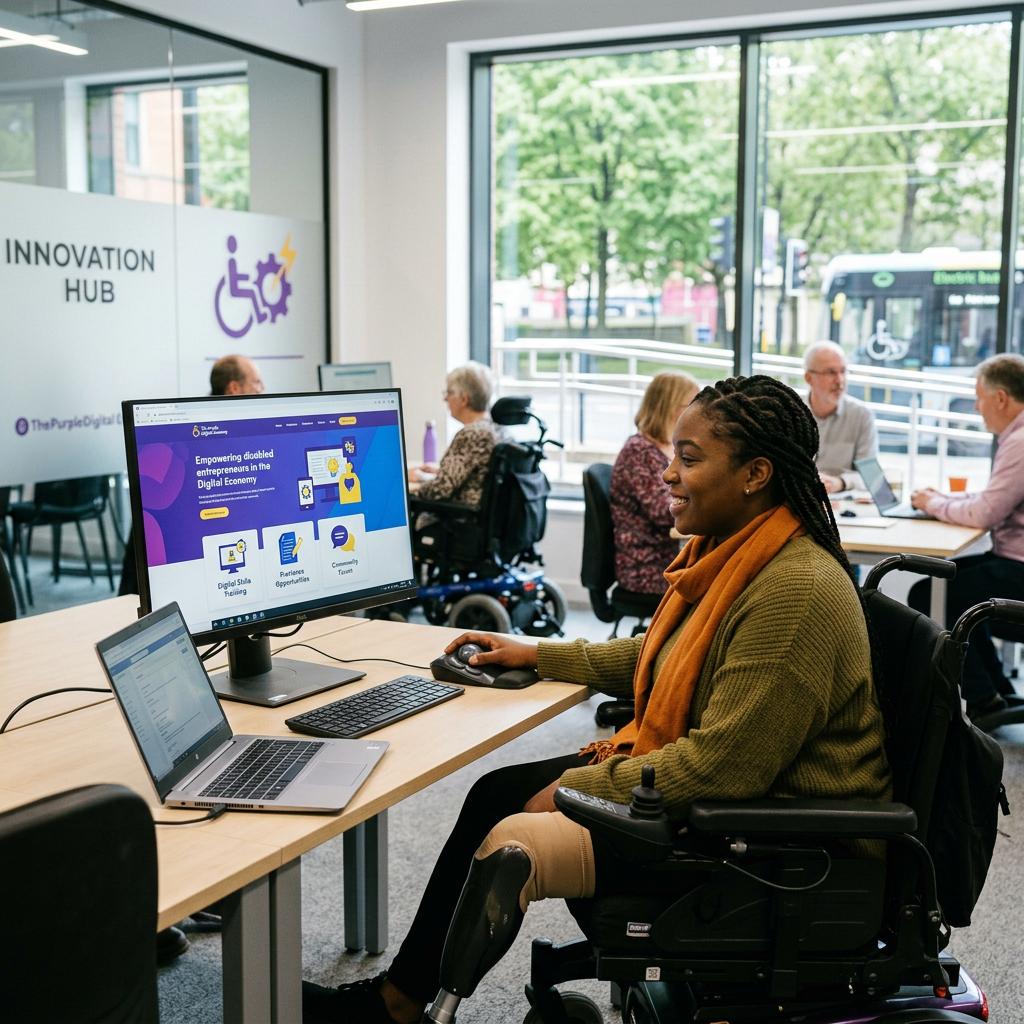 Woman with prosthetic leg using computer in an inclusive innovation hub workspace.