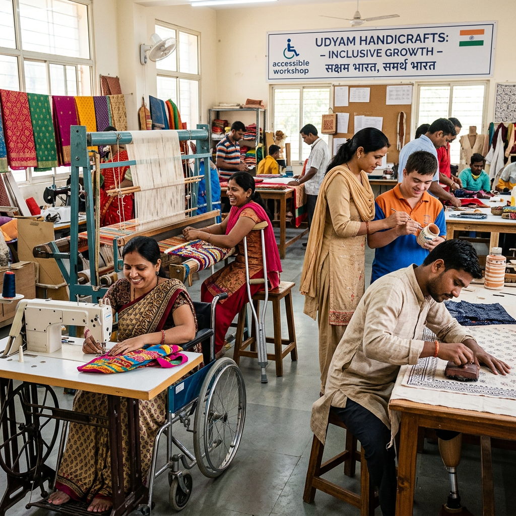 Artisans with disabilities crafting textiles and pottery in an inclusive workshop
