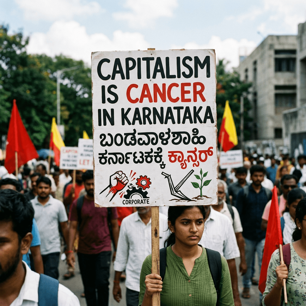 Woman holding protest sign reading Capitalism is cancer in Karnataka in English and Kannada