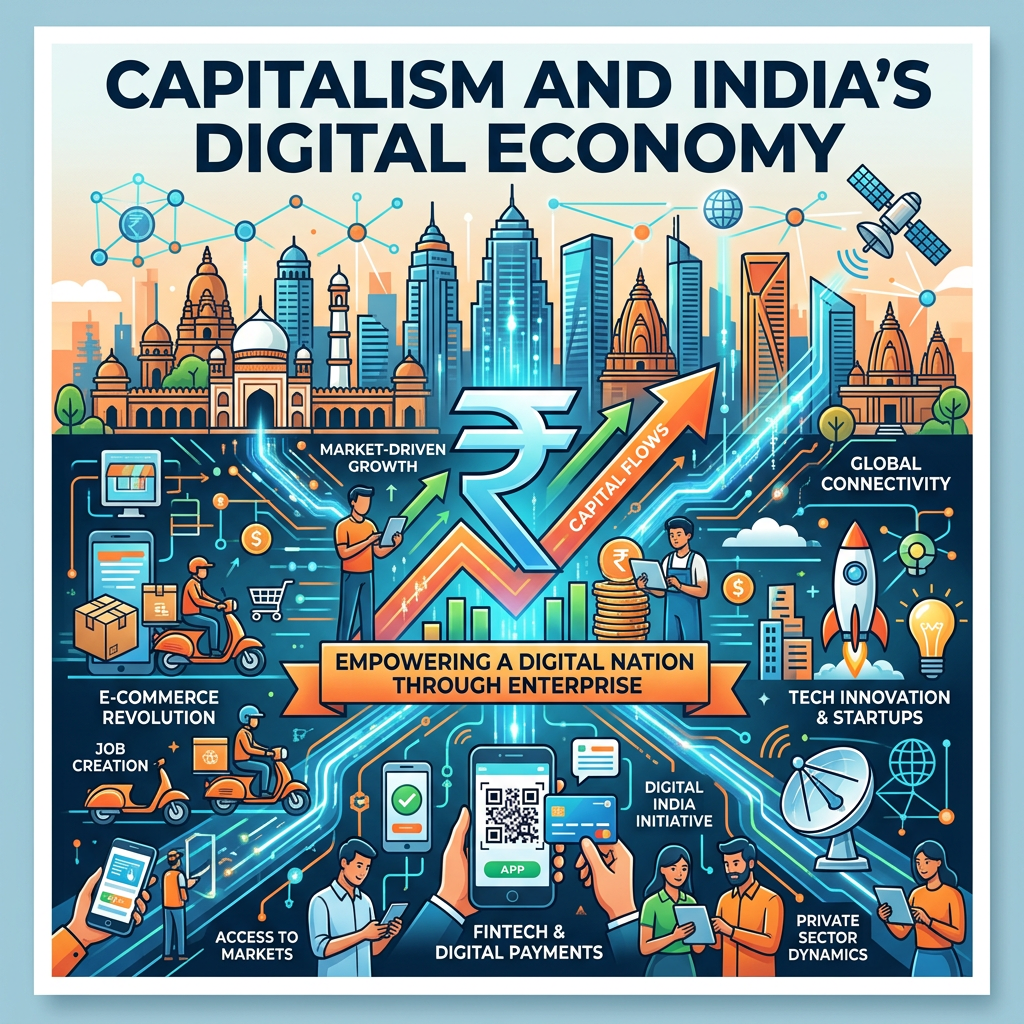Illustration showing India’s digital economy with market growth, e-commerce, fintech, global connectivity, and innovation