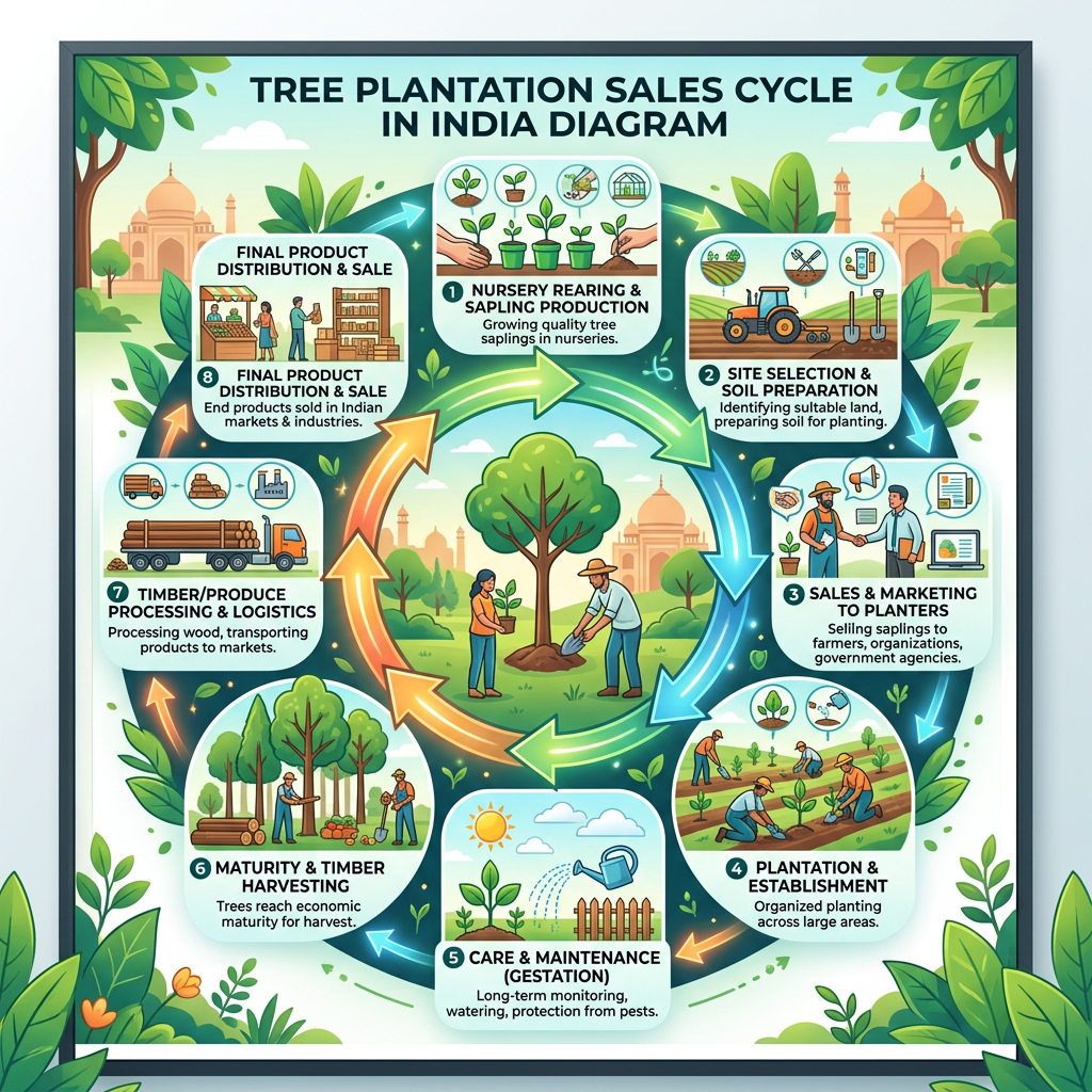 Diagram showing eight stages of tree plantation sales cycle in India with icons and descriptions.