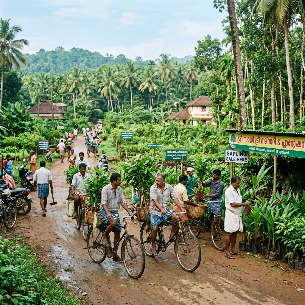 People transporting and buying saplings at a village plant nursery with tropical background