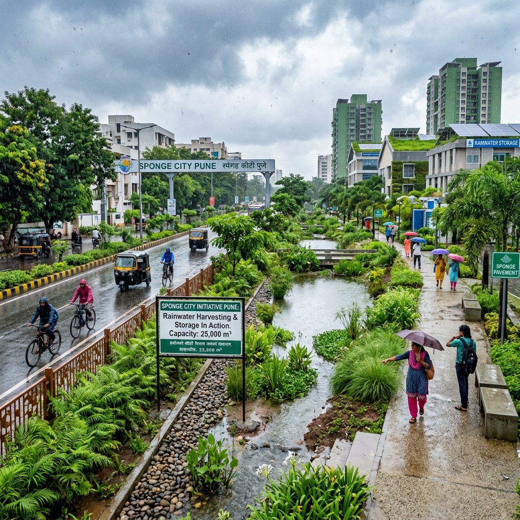 Rainwater harvesting and storage system with greenery and people in Pune