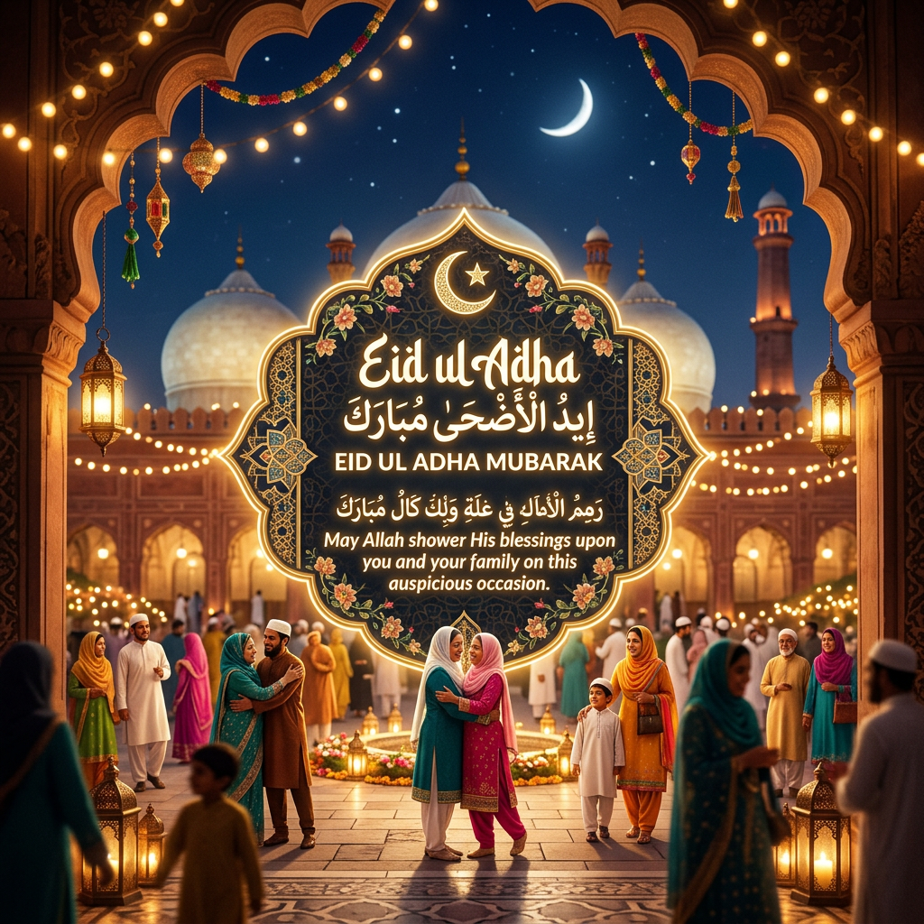 Muslim families celebrating Eid ul Adha at mosque courtyard under crescent moon