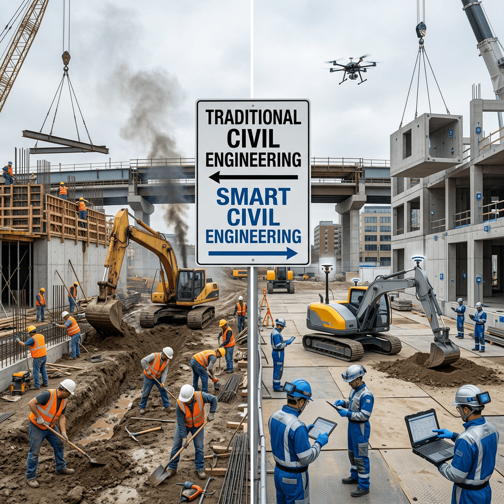 Construction site divided into traditional manual labor and smart technology civil engineering with workers and machinery